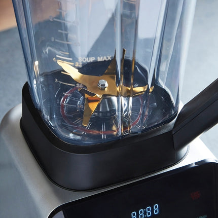 Close-up of the Morphy Richards blender’s gold-tone multi-level blade assembly and soup maximum-fill marking.