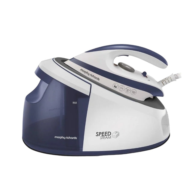 Morphy Richards Speed Steam 3000W steam generator iron in white and purple with a large removable water tank.