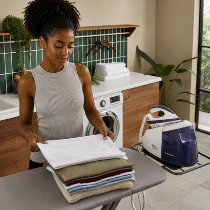 Woman arranging a stack of freshly ironed clothes beside the Morphy Richards Speed Steam generator iron.