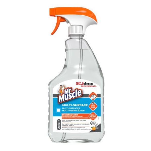 Mr Muscle Multi Surface Spray 750ml disinfectant cleaner in a clear trigger spray bottle for cleaning multiple household surfaces.