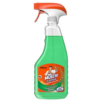 Mr Muscle Platinum Window Spray 500ml with green cleaning solution and trigger spray bottle for streak-free glass and window cleaning.