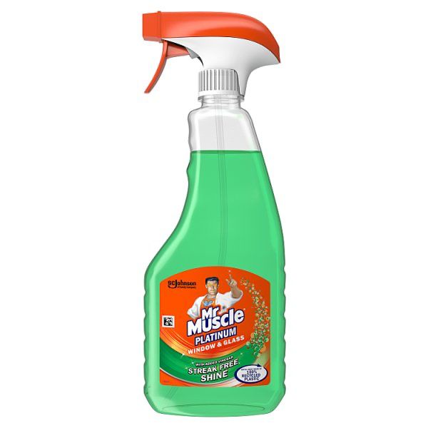 Mr Muscle Platinum Window Spray 500ml with green cleaning solution and trigger spray bottle for streak-free glass and window cleaning.