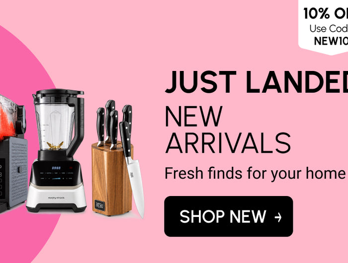 Napev New Arrivals promotion featuring a Salter frozen drink maker, Morphy Richards blender and wooden kitchen knife block, with 10% off using code NEW10 and a Shop New call to action.