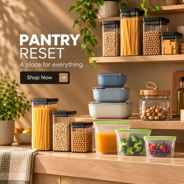 A styled kitchen scene showing clear plastic pantry storage containers with black lids and translucent containers with green lids, filled with pasta, beans, nuts, juice, broccoli, and berries. Large text on the left reads 'PANTRY RESET' with a 'Shop Now' button.