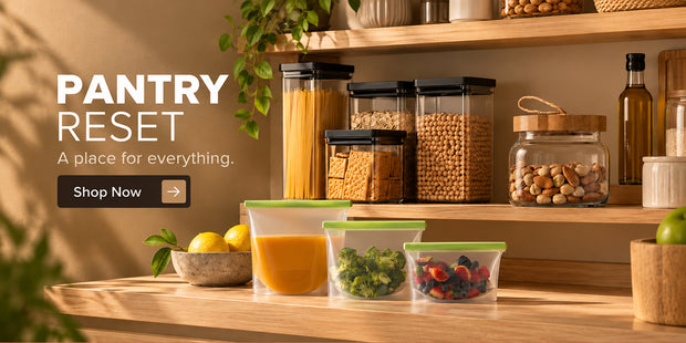 Pantry Reset featuring food storage containers, pantry jars and reusable storage bags for organised kitchen storage, with the message “A place for everything.”
