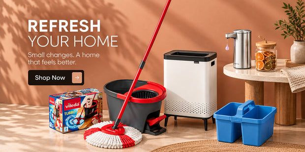 Refresh Your Home collection featuring Vileda cleaning products, Brabantia laundry storage, Simplehuman soap dispenser and home organisation essentials for cleaning, laundry and everyday home care.