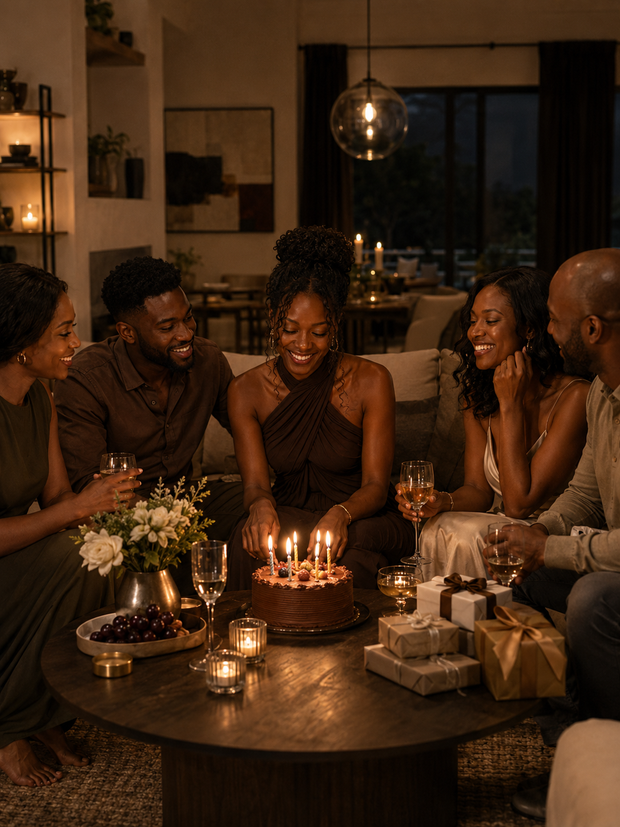Beautiful woman celebrating her birthday with friends, cake, candles, wrapped gifts and drinks in a cosy home setting