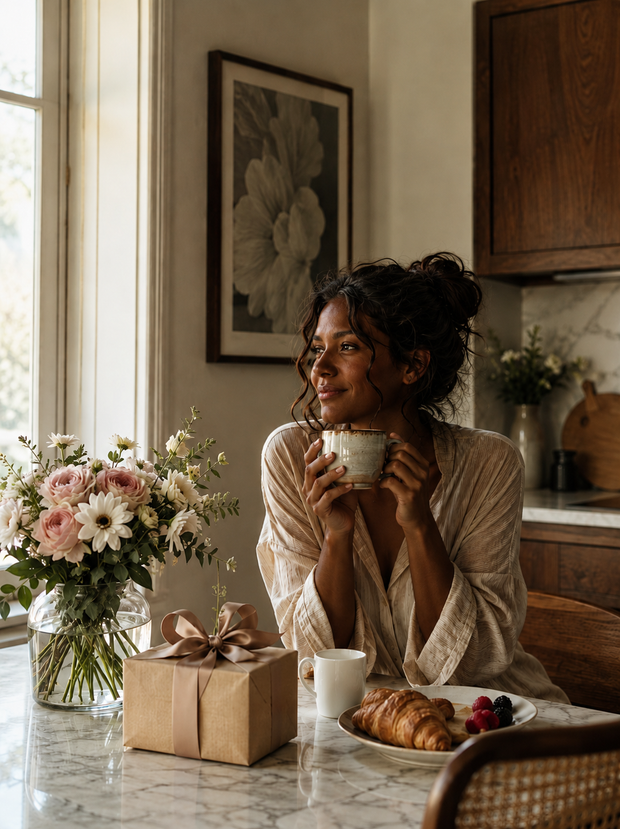 Beautiful woman enjoying a warm drink beside a wrapped birthday gift, flowers and breakfast pastries at home