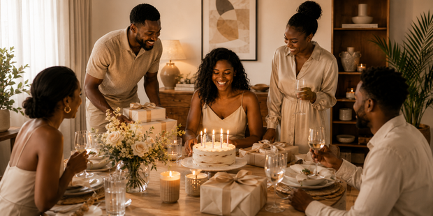 African woman celebrating her birthday with friends, gifts and a candlelit cake around an elegant dining table