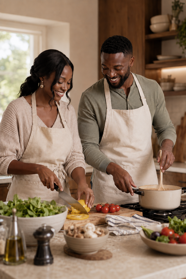 African couple wearing aprons and preparing a meal together with fresh vegetables in a modern kitchen