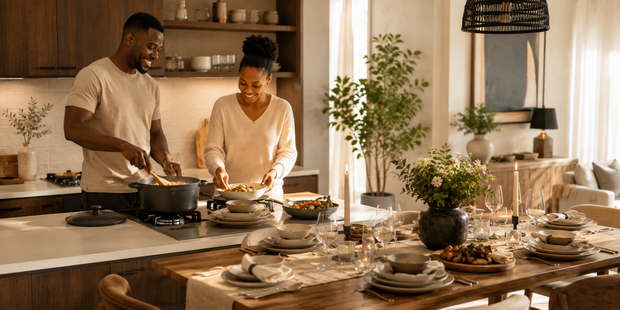 African couple cooking together beside an elegant dining table set with dinnerware, glassware, candles and flowers