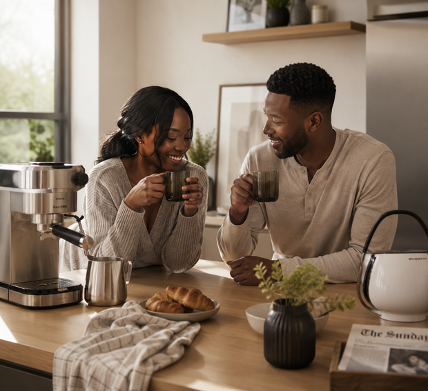African couple enjoying coffee together beside an espresso machine and kettle in a modern kitchen
