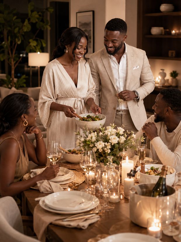 African couple serving dinner to friends around an elegant table set with dinnerware, glassware, flowers and candles