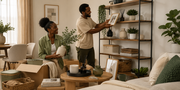 African couple unpacking boxes and arranging framed photos, plants and décor on shelves in their new home