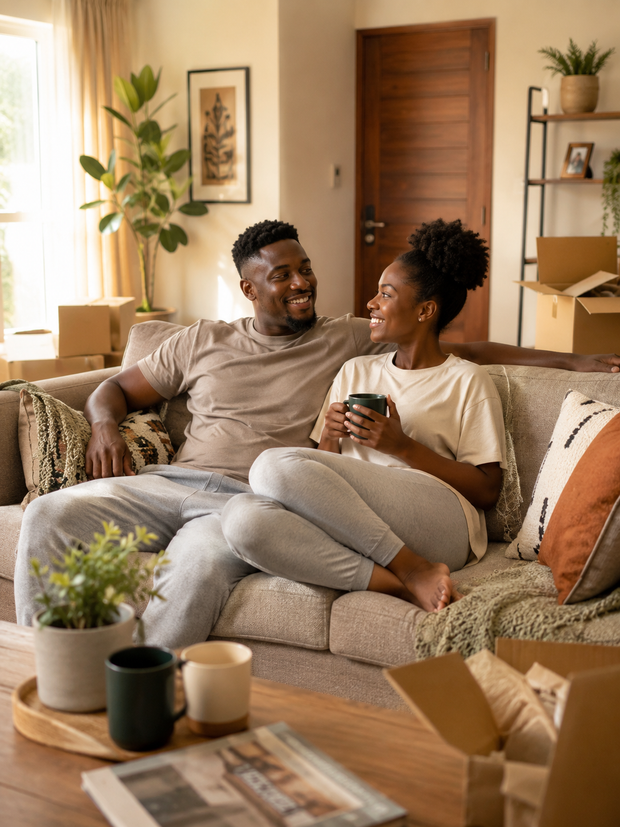 African couple relaxing together with coffee on the sofa after moving into their new home