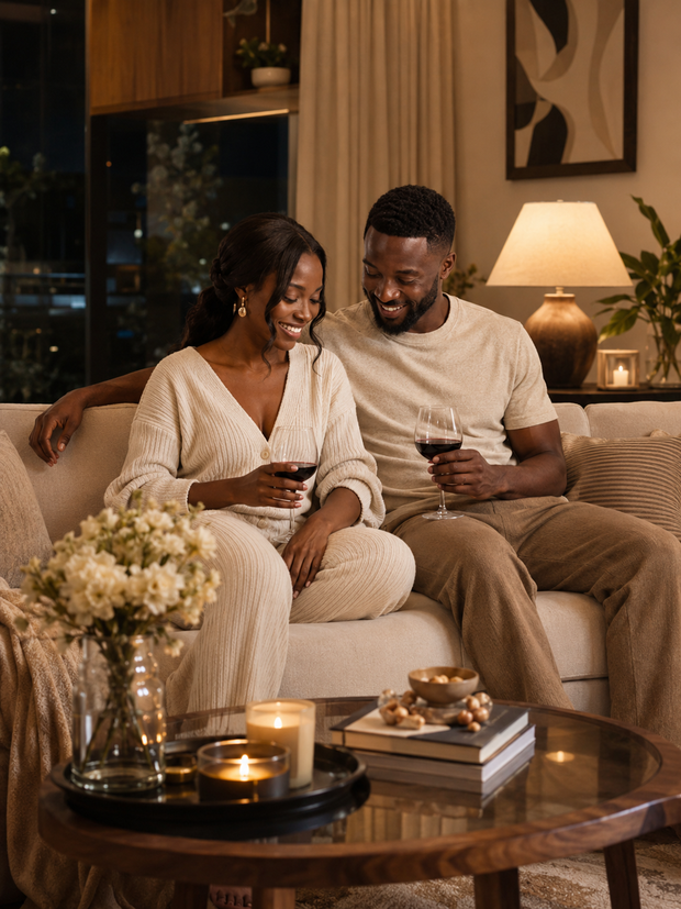 African couple relaxing together with glasses of red wine in a warm candlelit living room