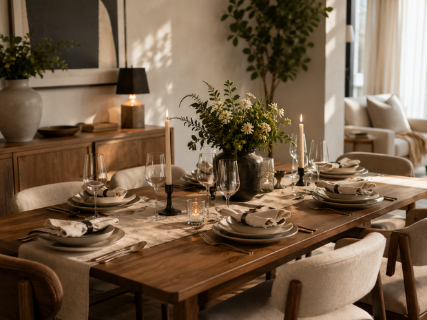 Elegant dining table set with neutral dinnerware, glassware, candles and a floral centrepiece in a modern home