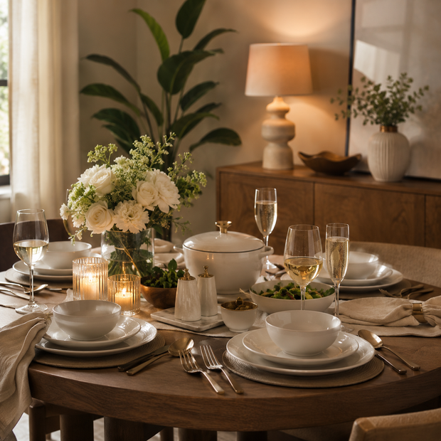Elegant dining table set with white dinnerware, glassware, cutlery, candles and a floral centrepiece