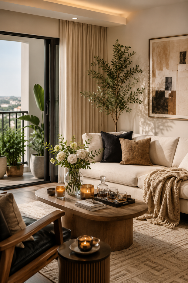 Warm modern living room with a neutral sofa, wooden coffee table, flowers, candles and glassware