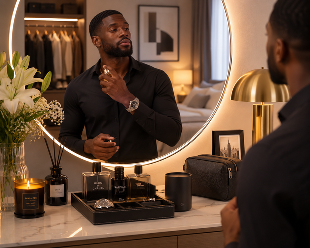 African man applying fragrance at an illuminated mirror with perfumes, candles, diffuser and grooming accessories preparing for his birthday celebration