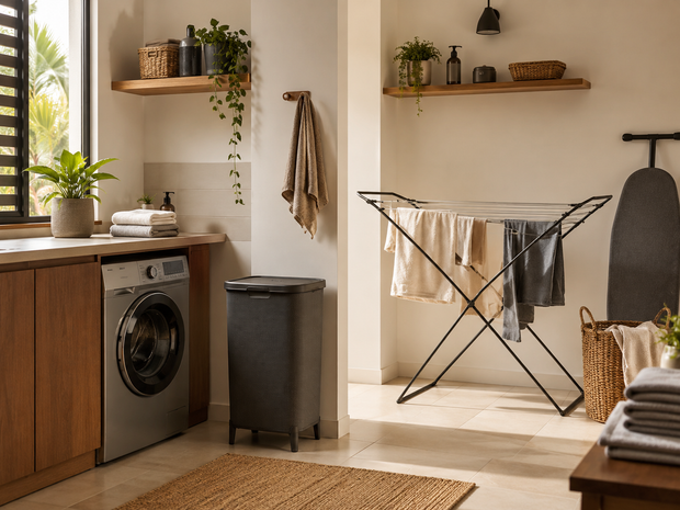 Modern laundry room with a washing machine, drying rack, laundry basket and organised storage
