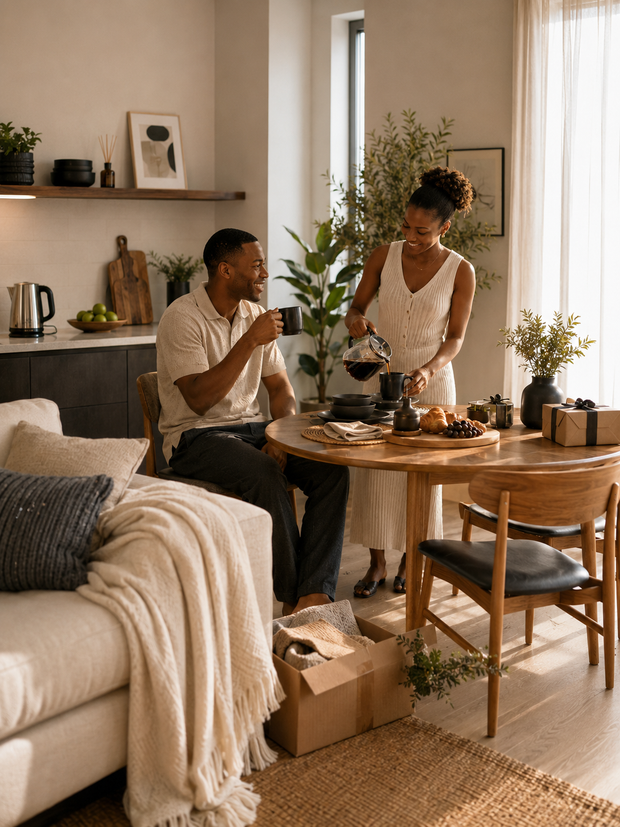 African couple enjoying morning coffee together in their new home with unpacked moving boxes nearby