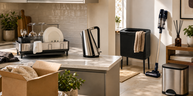 Premium dish rack, kettle, laundry basket, cordless vacuum and pedal bin displayed in a modern home