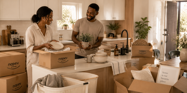 African couple unpacking kitchenware and home essentials from Napev boxes in their new kitchen