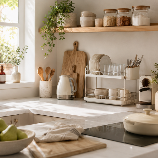 Organised kitchen counter with a dish rack, dinnerware, glassware, kettle, utensils and wooden chopping boards