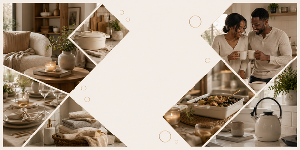 Dream home registry banner featuring a couple, cookware, dining essentials, home décor and a create registry button