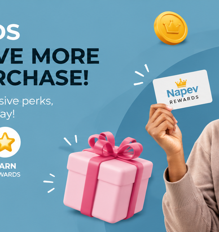 Napev Rewards loyalty programme banner featuring a smiling shopper holding a Napev Rewards card and shopping bags, with icons highlighting exclusive offers, discounts on purchases and rewards. The banner encourages customers to earn more and save more with every purchase by signing up for Napev Rewards.