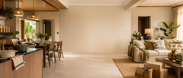 Modern open plan kitchen, dining and living room with a call to create a Napev new home registry