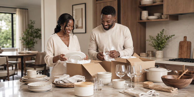 African couple unpacking dinnerware, glassware, cookware and kitchen essentials in their new home