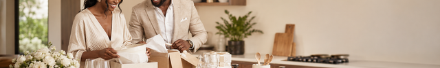 African couple unpacking cookware, dinnerware, cutlery and glassware from their Napev wedding registry
