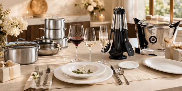 Premium cookware, glassware, cutlery, dinnerware and kitchen appliances arranged on the dining table for a Napev wedding registry