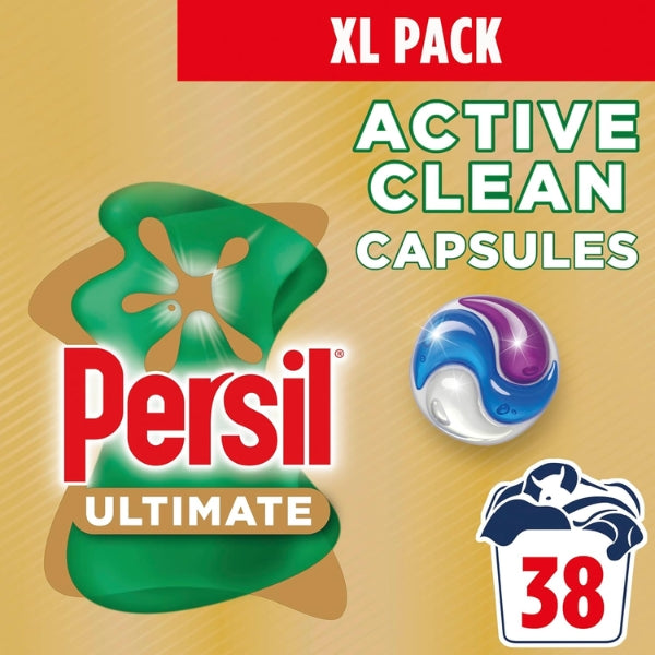 Persil Ultimate Active Clean laundry capsules graphic showing an XL pack, blue-and-purple detergent pod and 38 washes.