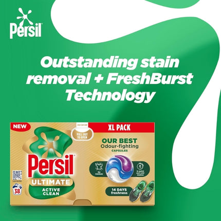 Persil Ultimate Active Clean capsules promotional graphic highlighting outstanding stain removal and FreshBurst Technology, with the 38-wash XL pack.