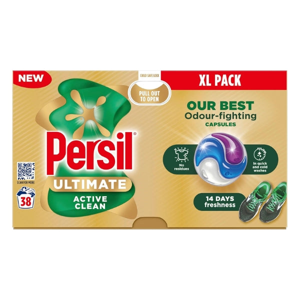 Persil Ultimate Active Clean laundry capsules XL pack, 38 washes, with odour-fighting capsules and 14 days freshness.