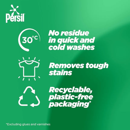 Persil Ultimate Active Clean capsules graphic highlighting 30°C cold-wash performance, tough stain removal and recyclable plastic-free packaging.