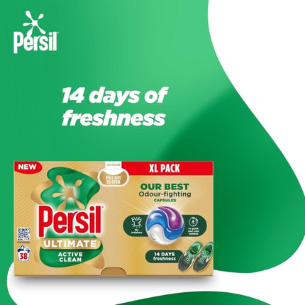 Persil Ultimate Active Clean capsules promotional graphic highlighting 14 days of freshness, with the 38-wash XL pack.