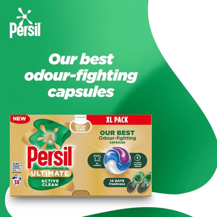 Persil Ultimate Active Clean promotional graphic highlighting its best odour-fighting laundry capsules, with the 38-wash XL pack.