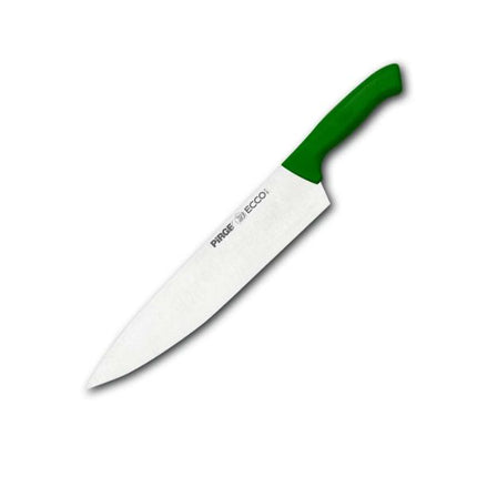 Chef's knife with a green handle on a white background