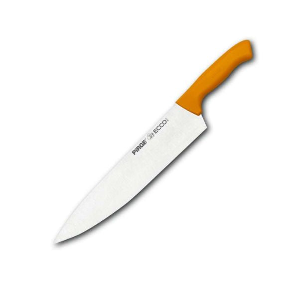 Chef's knife with yellow handle on a white background