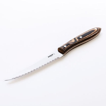 Serrated knife with a brown handle on a white background
