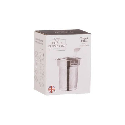 Price & Kensington stainless steel teapot filter 2 cup packaging box, featuring a silver mesh filter design on a white box with a dark top panel.