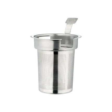 A stainless steel mesh infuser basket with a fold-over handle, shown on a plain white background.