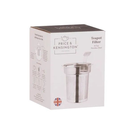 Price & Kensington stainless steel teapot filter in its original white and brown cardboard packaging, featuring a product illustration of the 6-cup stainless steel infuser.