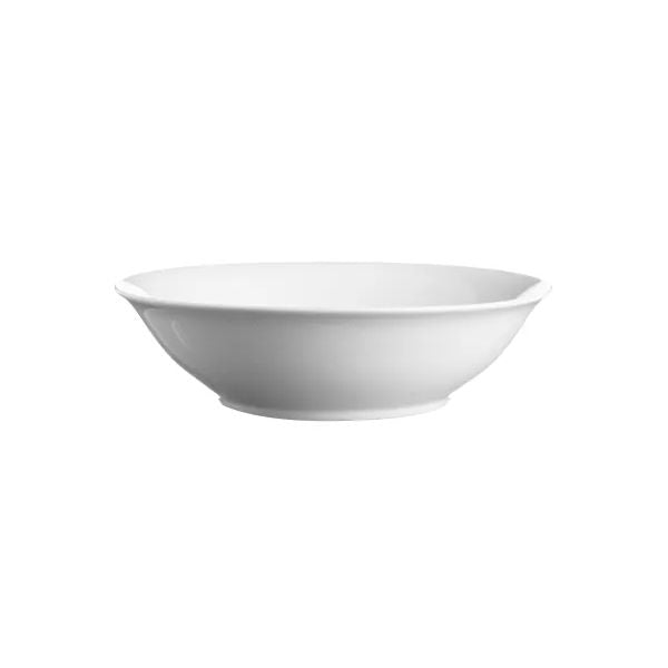 A white ceramic bowl with a wide rim and shallow depth, shown from a side profile on a solid white background.