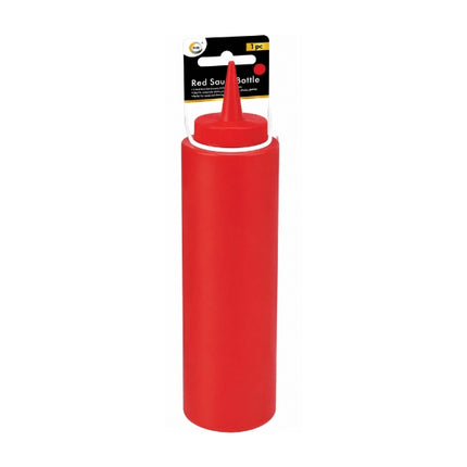 Red 400ml plastic sauce squeeze bottle with a pointed dispensing nozzle and screw-top lid.
