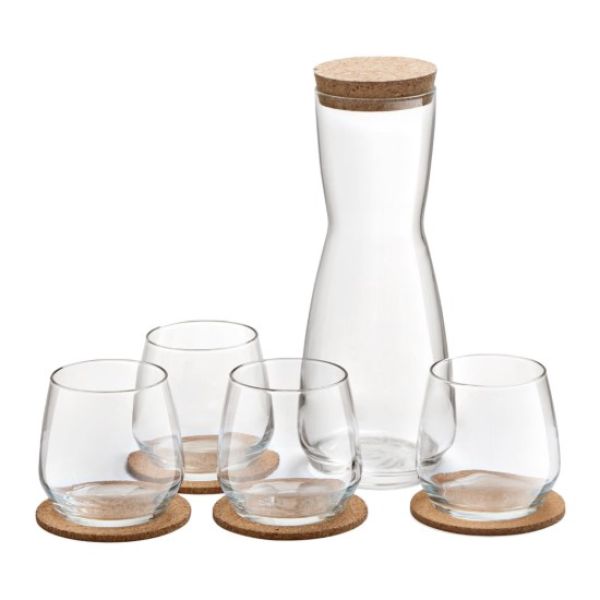 Clear glass carafe and tumblers with wooden bases on a white background